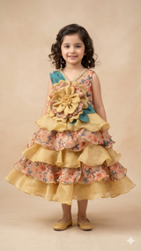 Girls Floral Layered Party Dress – Sleeveless Ruffle Maxi (Yellow Multi)