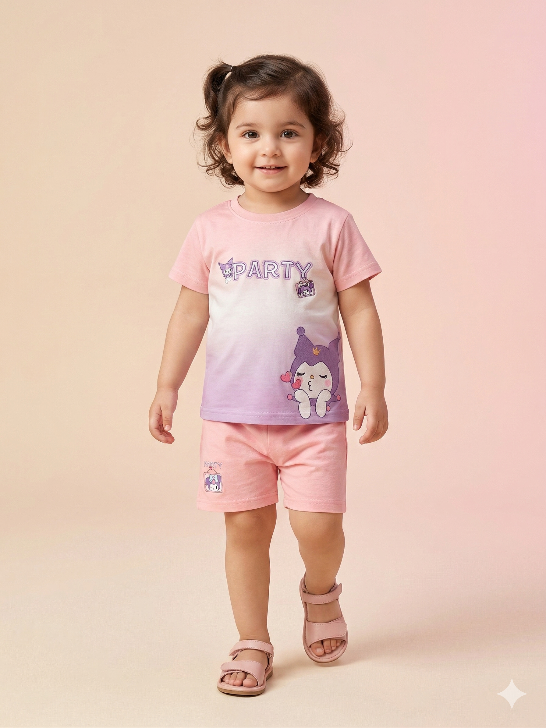 Girls Graphic T-Shirt & Shorts Set – Soft Cotton Summer Outfit (Pink)