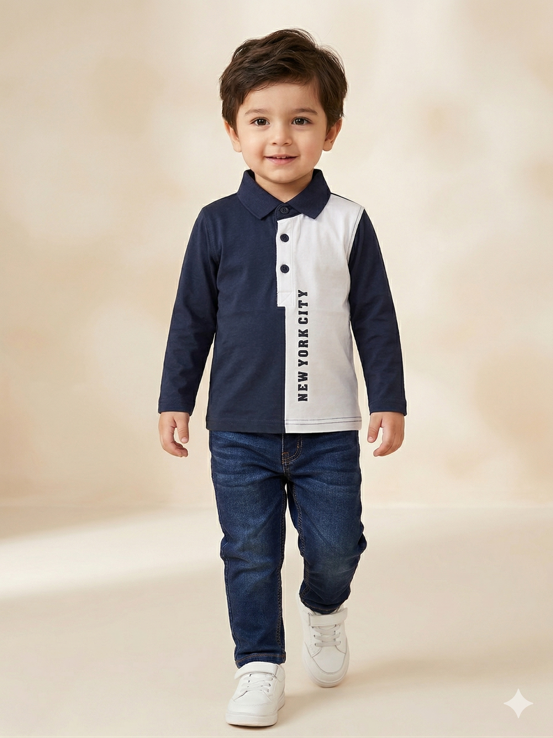 Boys Navy & White Color Block Polo T-Shirt – Casual Cotton Long Sleeve Top