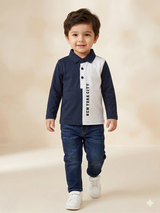 Boys Navy & White Color Block Polo T-Shirt – Casual Cotton Long Sleeve Top