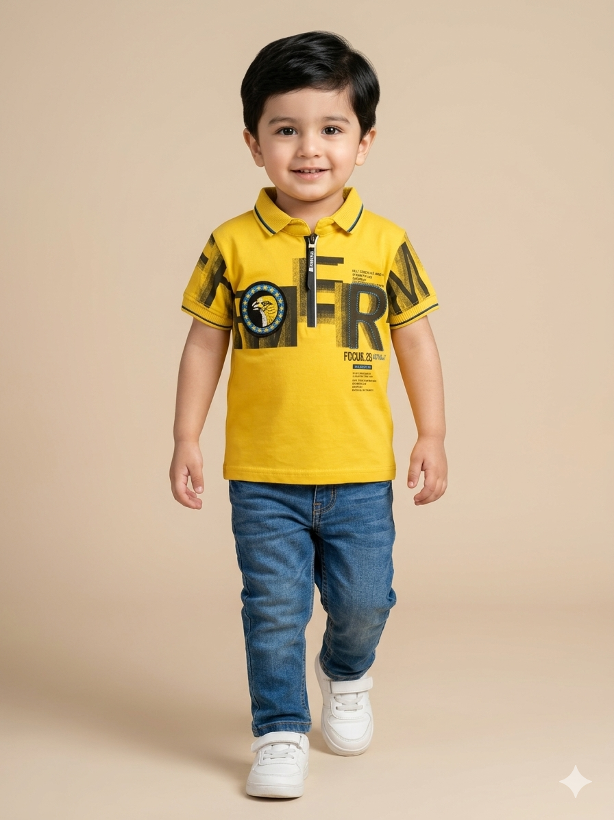 Boys Yellow Graphic T-Shirt – Casual Cotton Short Sleeve Top