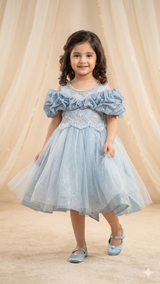 Girls Off-Shoulder Party Dress – Flared Tulle Midi (Sky Blue)