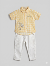 Boys Yellow Check Shirt & White Trouser Set – Smart Casual 2-Piece Outfit