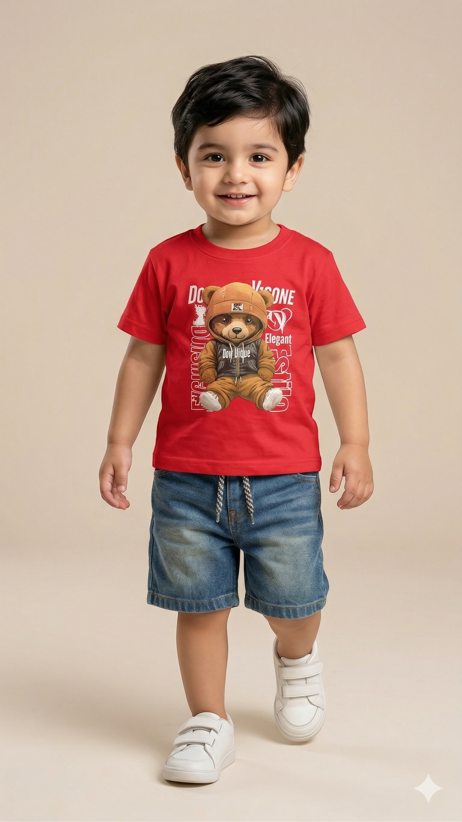 Boys Graphic T-Shirt & Denim Shorts Set – Soft Cotton Summer Outfit (Red & Blue)