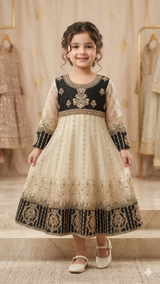 Girls Embroidered Party Dress – Ethnic Maxi with Dupatta (Black & Gold)