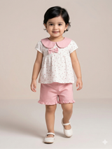 Girls White Collar Top & Pink Shorts Set – Casual Cotton Summer Outfit