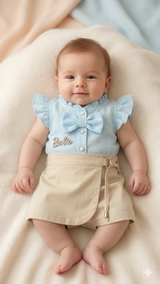 Baby Girl Ruffle Top & Shorts Set – Soft Cotton Summer Outfit (Blue & Beige)