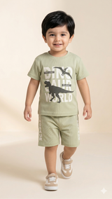 Boys Graphic T-Shirt & Shorts Set – Soft Cotton Summer Outfit (Olive Green)