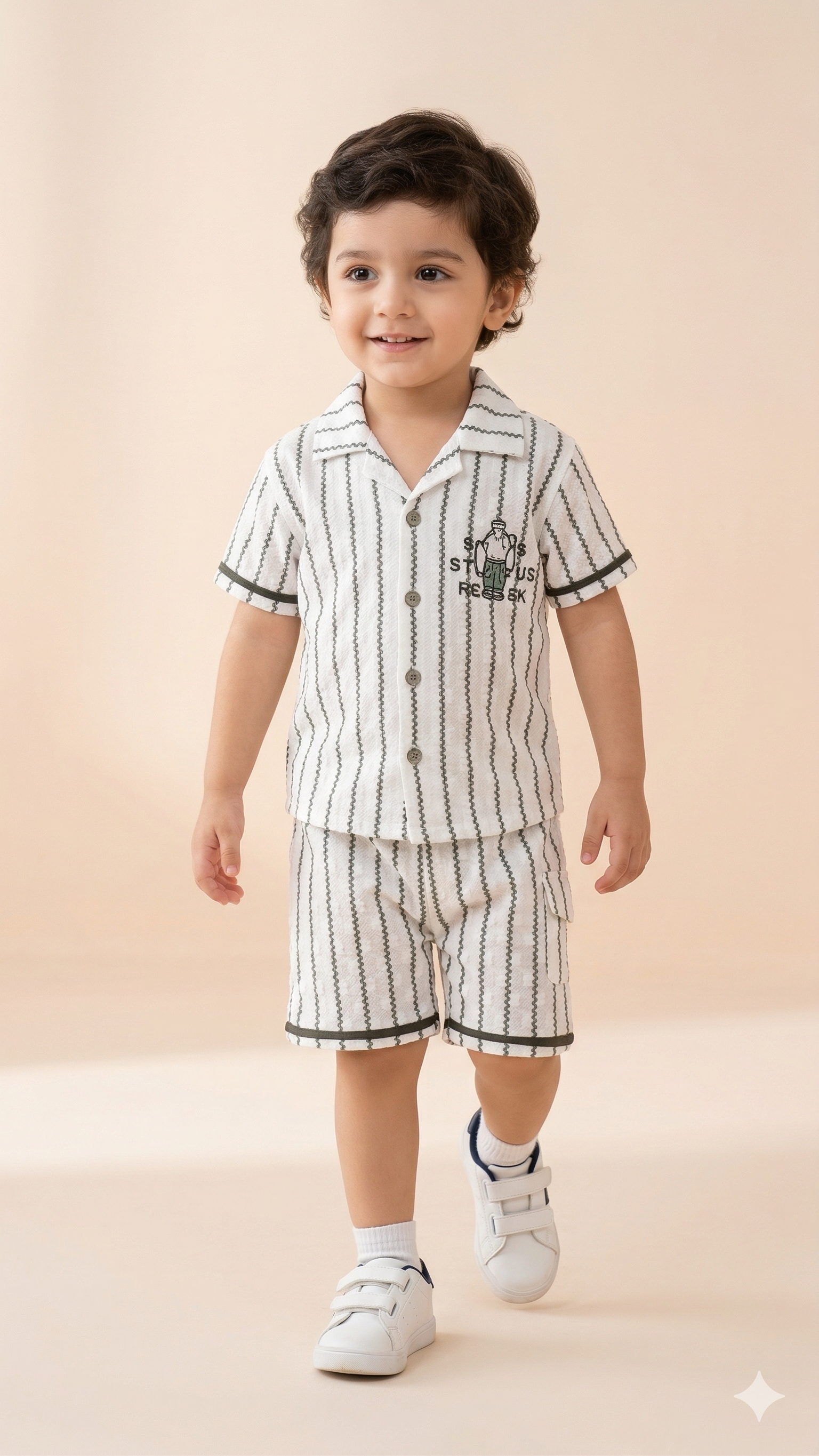 Boys Striped Summer Co-Ord Set – Cotton Shirt & Shorts Outfit (White & Black)