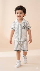 Boys Striped Summer Co-Ord Set – Cotton Shirt & Shorts Outfit (White & Black)