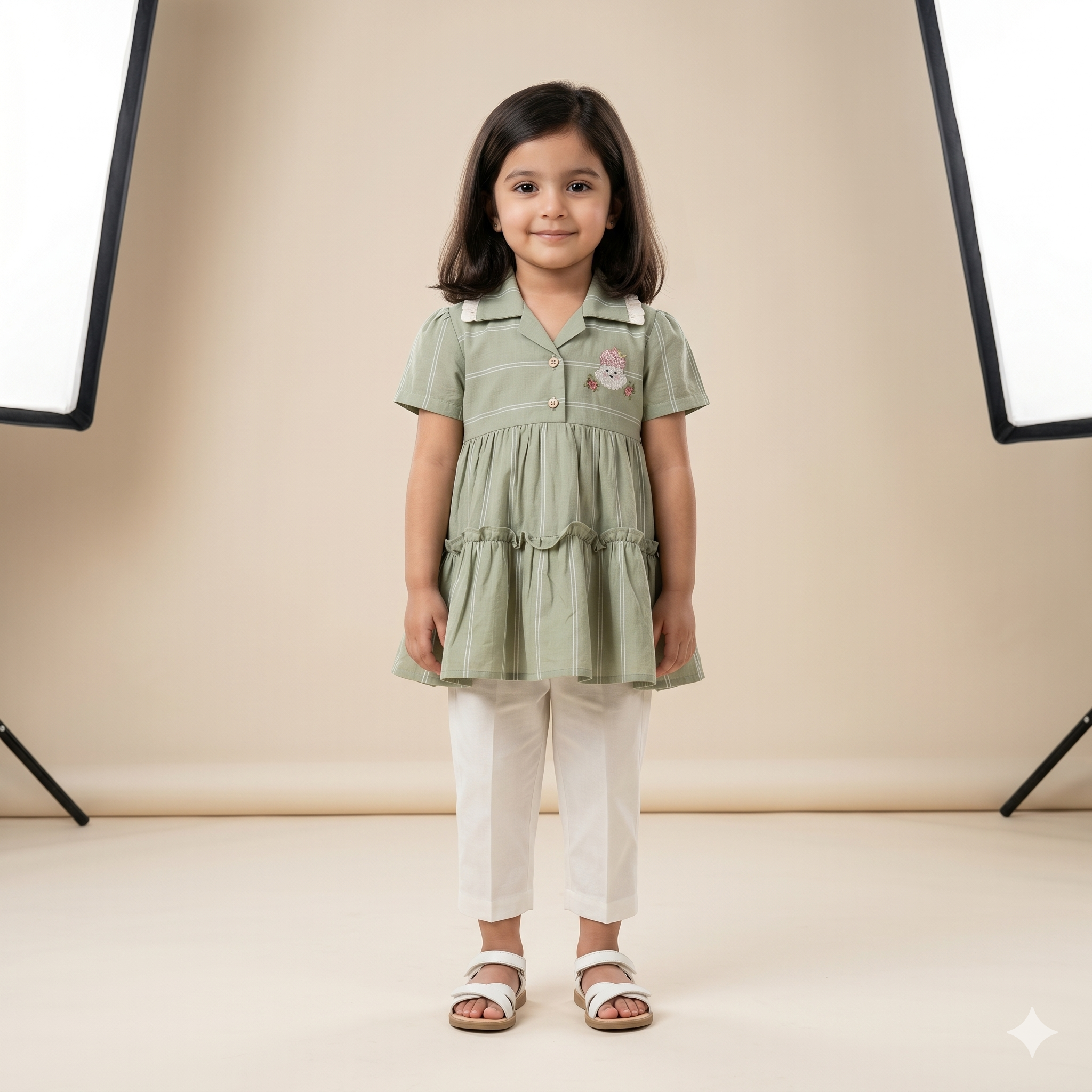 Girls Frill Peplum Top & White Pants Set – Olive Green