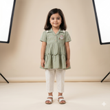 Girls Frill Peplum Top & White Pants Set – Olive Green