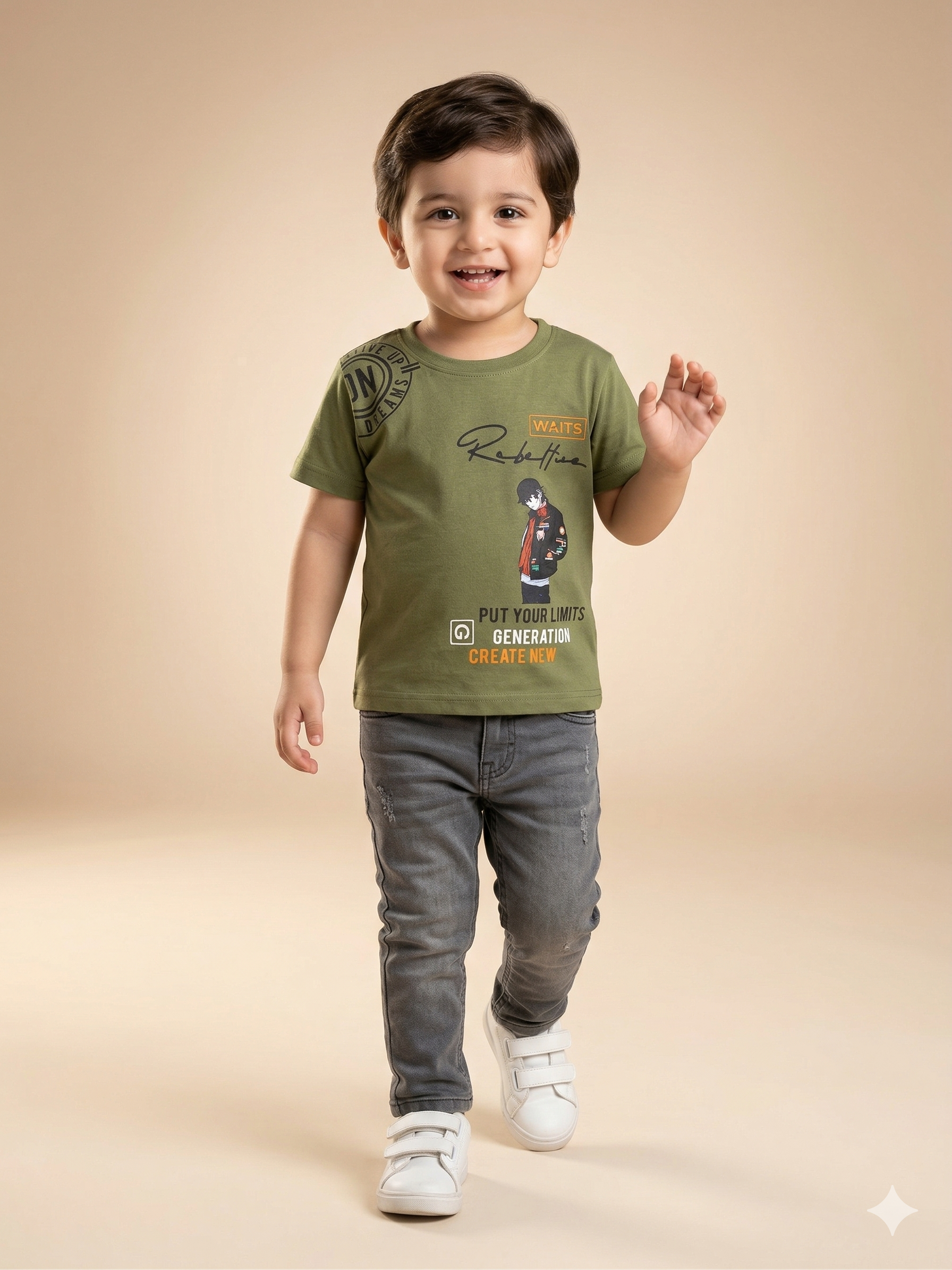 Boys Olive Green Graphic T-Shirt – Casual Cotton Short Sleeve Top
