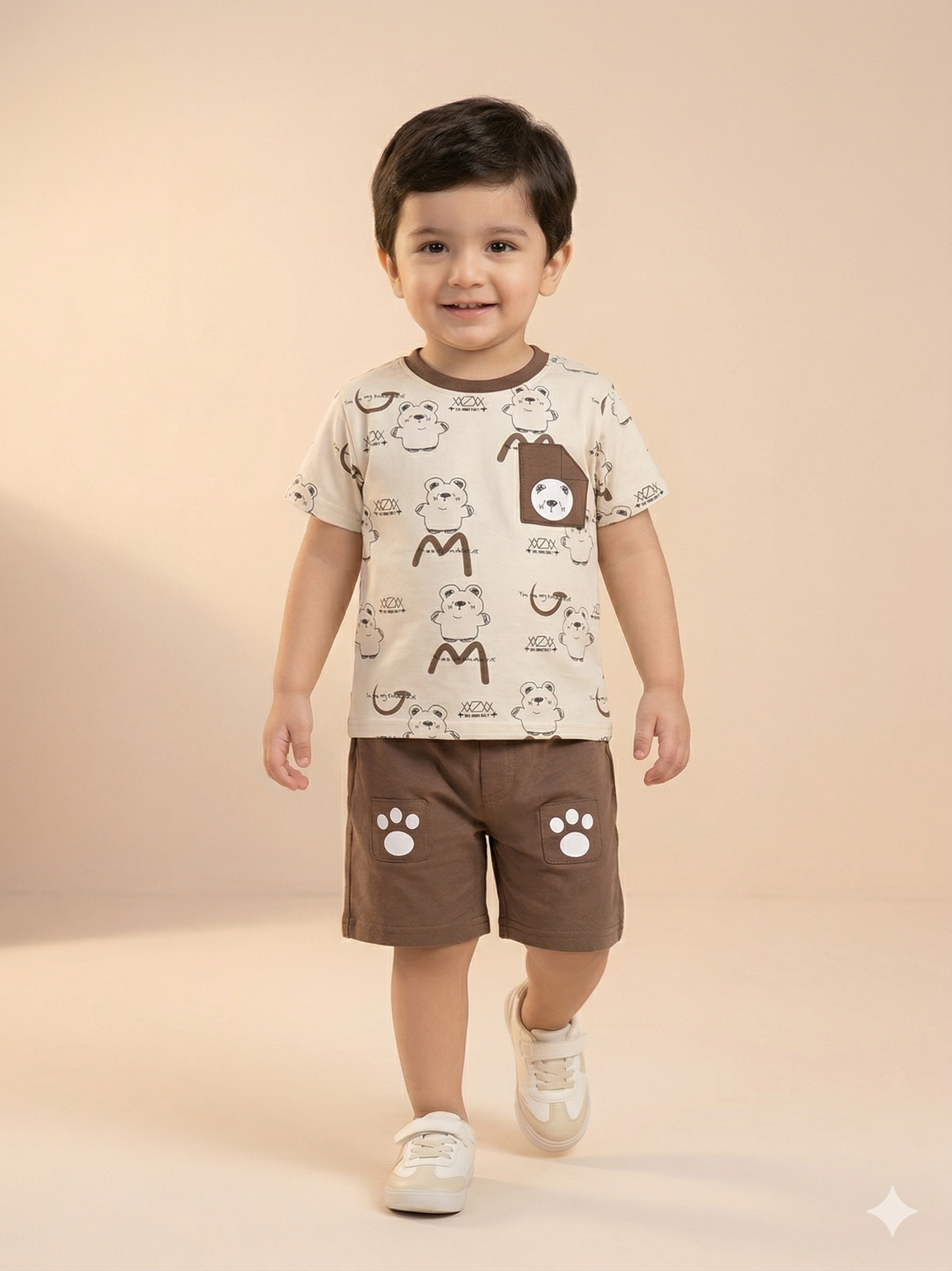 Boys Cream Printed T-Shirt & Brown Shorts Set – Casual Cotton Summer Outfit