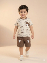 Boys Cream Printed T-Shirt & Brown Shorts Set – Casual Cotton Summer Outfit
