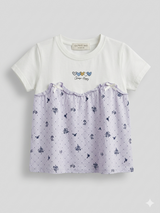Girls Panel Style Printed Dress – White & Lavender Casual Frock