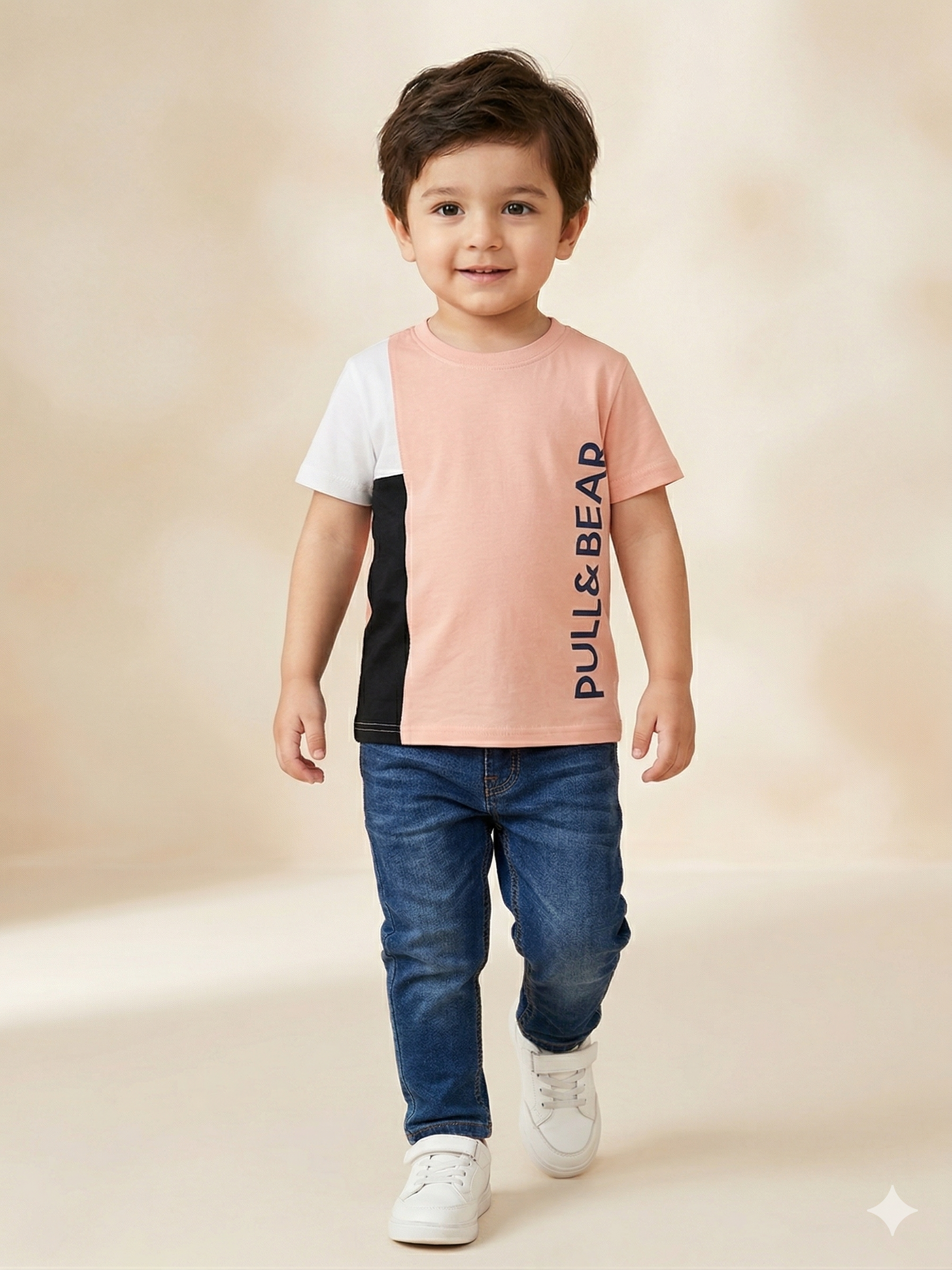 Boys Peach & Black Color Block T-Shirt – Casual Cotton Short Sleeve Top