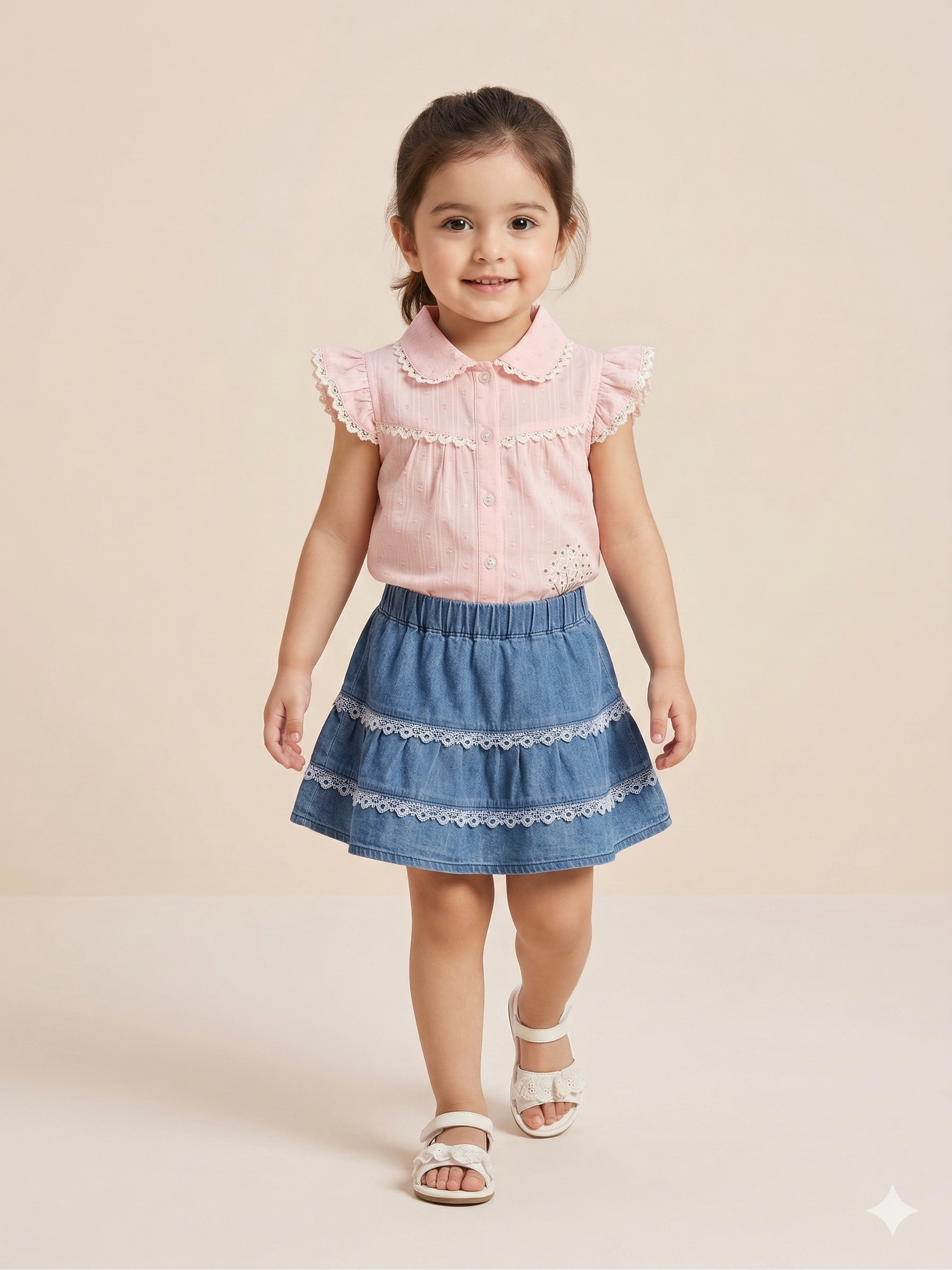 Girls Peach Top & Blue Check Skirt Set – Casual Cotton Summer Outfit