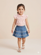 Girls Peach Top & Blue Check Skirt Set – Casual Cotton Summer Outfit