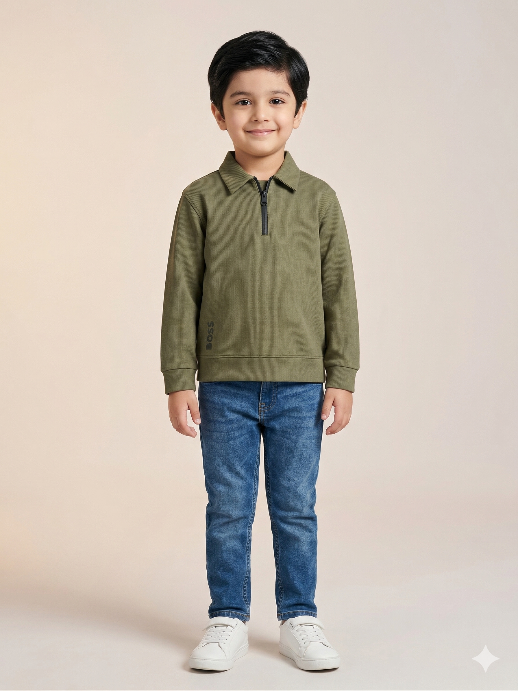 Boys Olive Green Zip Collar Knit Sweatshirt