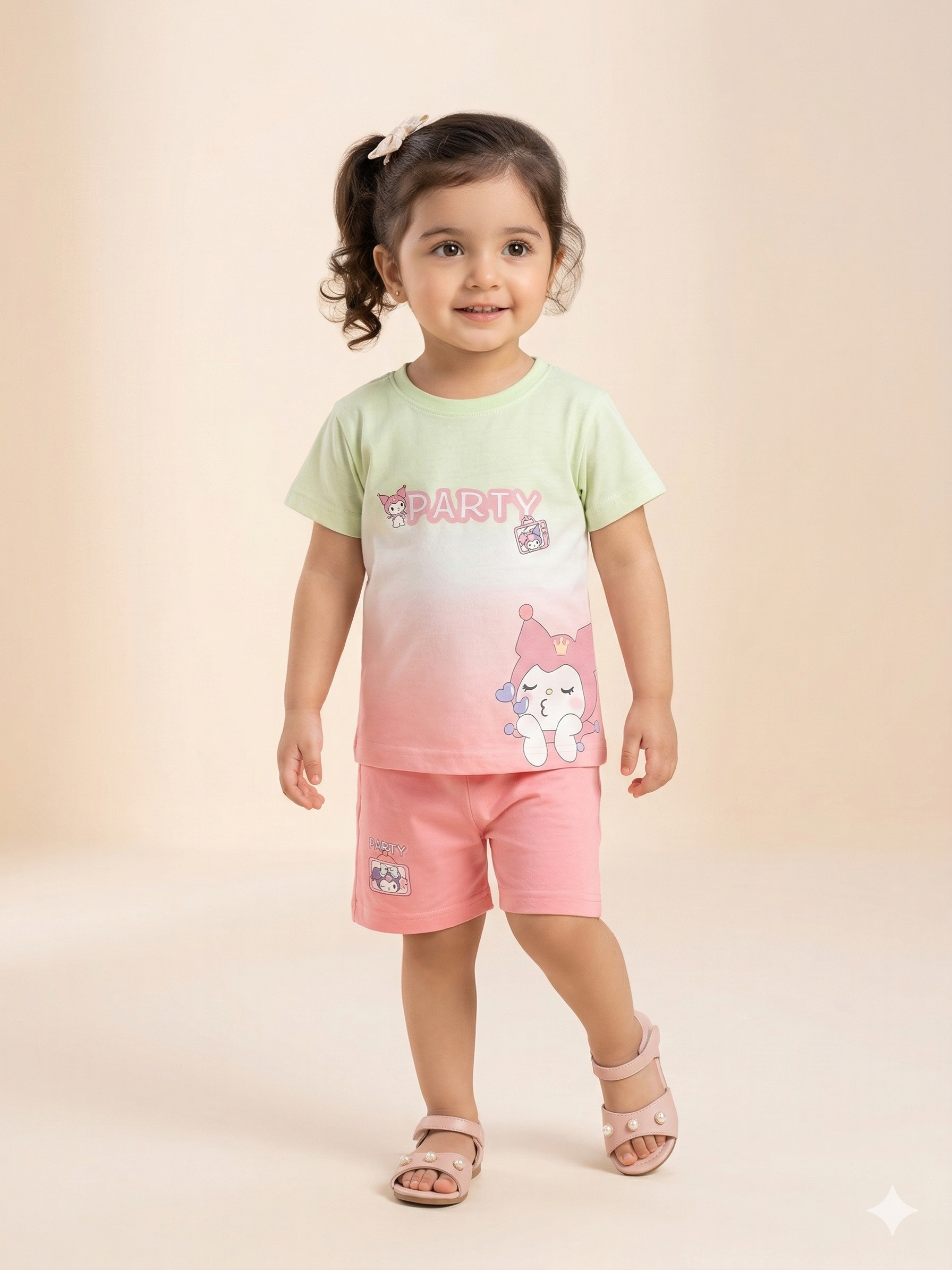 Girls Graphic T-Shirt & Shorts Set – Soft Cotton Summer Outfit (Green & Pink)