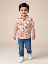 Boys Orange Printed Shirt – Casual Cotton Short Sleeve Top