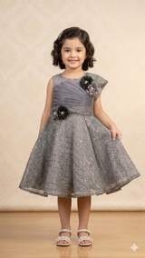 Girls Textured Party Dress – Flared Midi with Floral Detail (Grey)