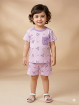 Girls Lavender Printed T-Shirt & Shorts Set – Casual Cotton Summer Outfit