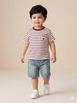 Boys Red Striped T-Shirt & Blue Shorts Set – Casual Cotton Summer Outfit