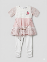 Girls Fancy Frill Top & White Leggings Set – Pink & White