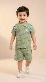 Boys Summer Co-Ord Set – Cotton Shirt & Shorts Outfit (Olive Green)