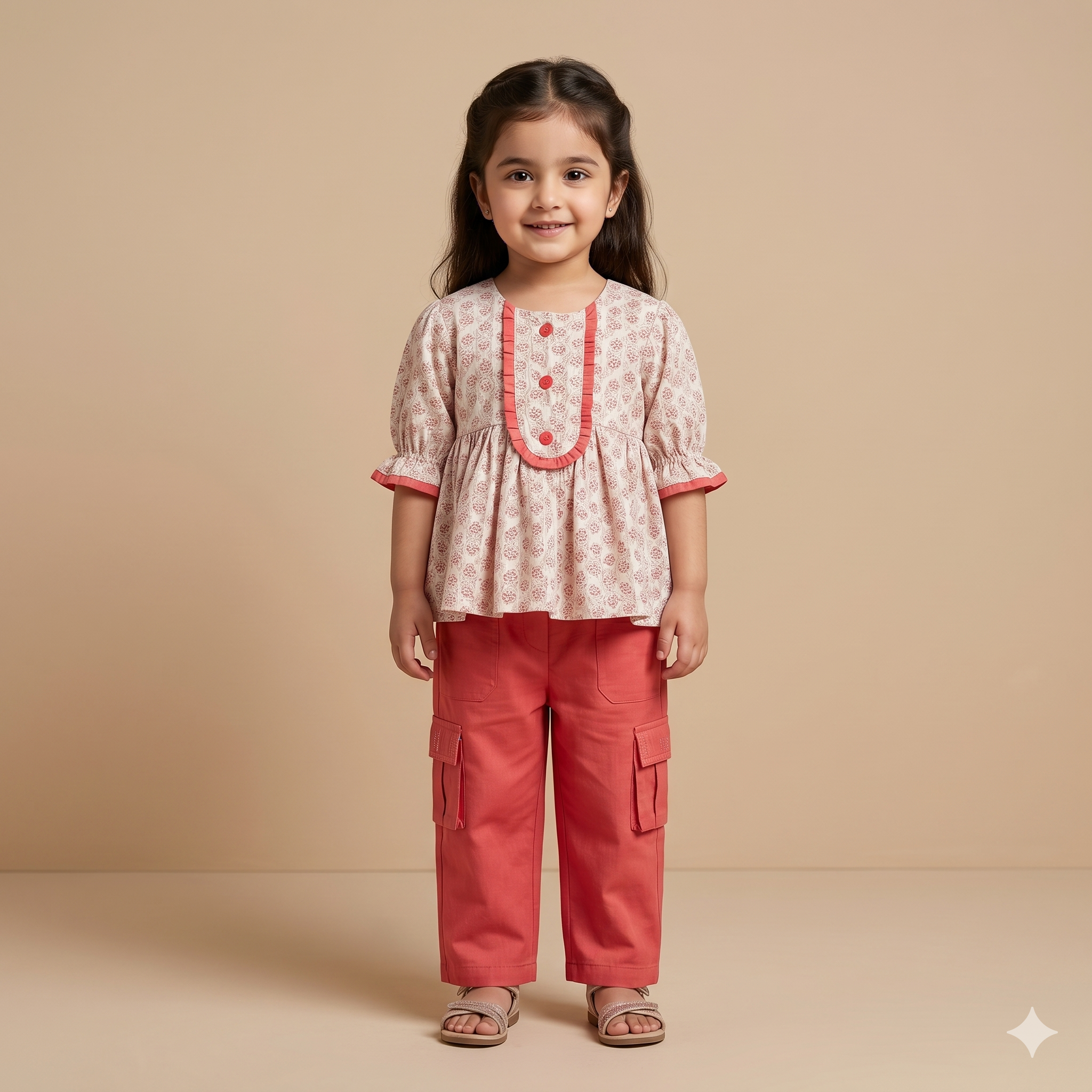 Girls Printed Peplum Top & Cargo Pants Set – Pink