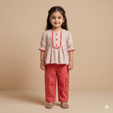 Girls Printed Peplum Top & Cargo Pants Set – Pink