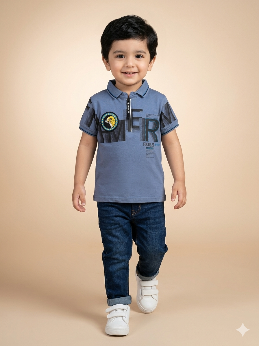 Boys Grey & Blue Graphic T-Shirt – Casual Cotton Short Sleeve Top