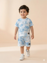 Boys Blue Printed T-Shirt & Shorts Set – Casual Cotton Summer Outfit