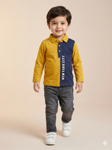 Boys Mustard & Blue Color Block Polo T-Shirt – Casual Cotton Long Sleeve Top