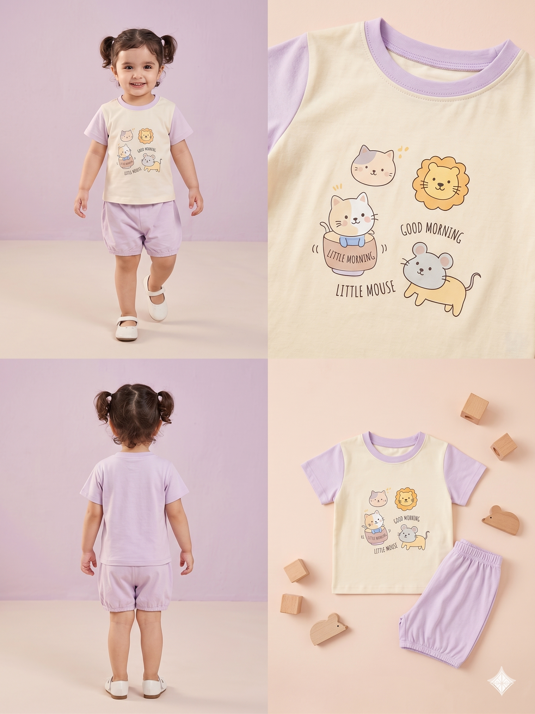 Girls White Graphic T-Shirt & Lavender Shorts Set – Casual Cotton Summer Outfit