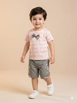 Boys Peach Graphic T-Shirt & Olive Shorts Set – Casual Cotton Summer Outfit