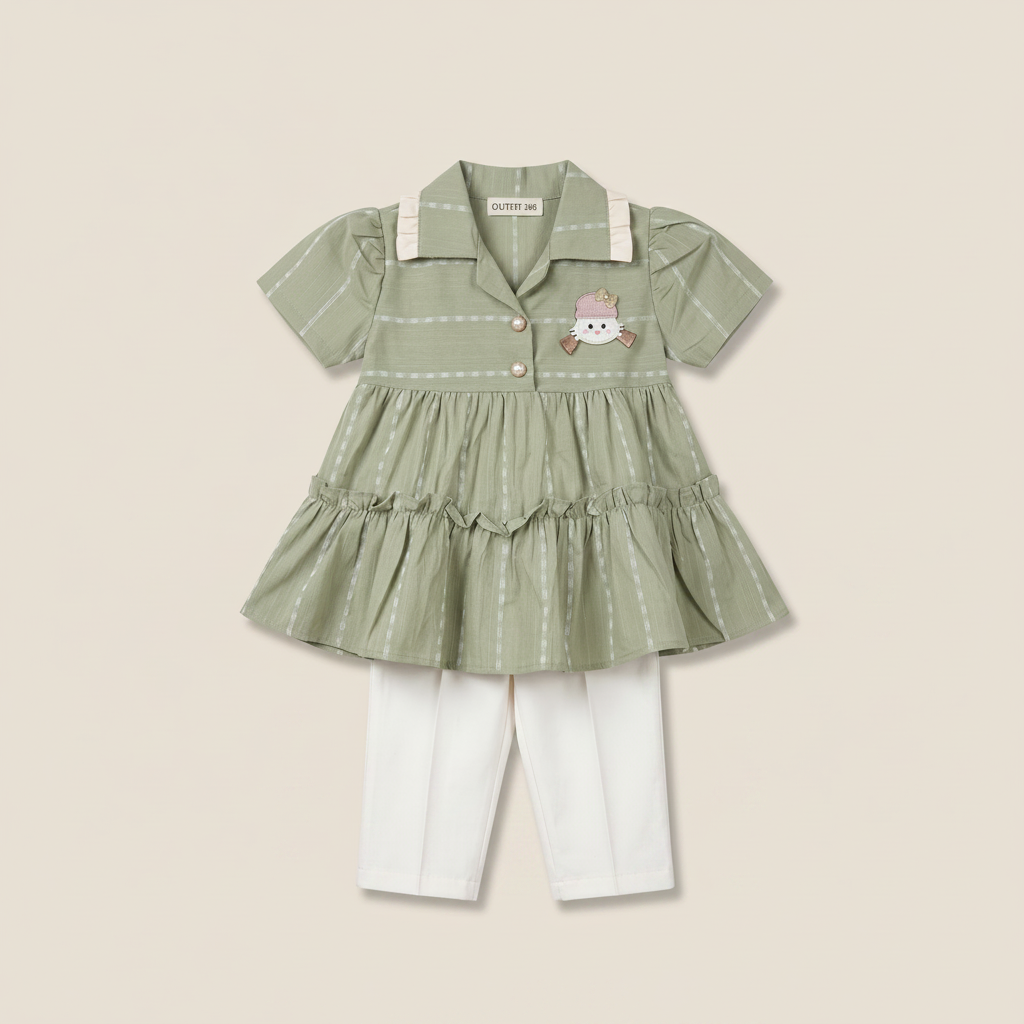 Girls Frill Peplum Top & White Pants Set – Olive Green