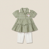 Girls Frill Peplum Top & White Pants Set – Olive Green