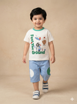 Boys White Graphic T-Shirt & Blue Shorts Set – Casual Cotton Summer Outfit