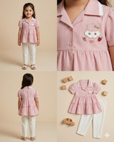 Girls Pink Frill Peplum Top & White Pants Set – Cute Collar Style