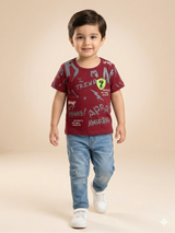 Boys Maroon Graphic T-Shirt – Casual Cotton Short Sleeve Top
