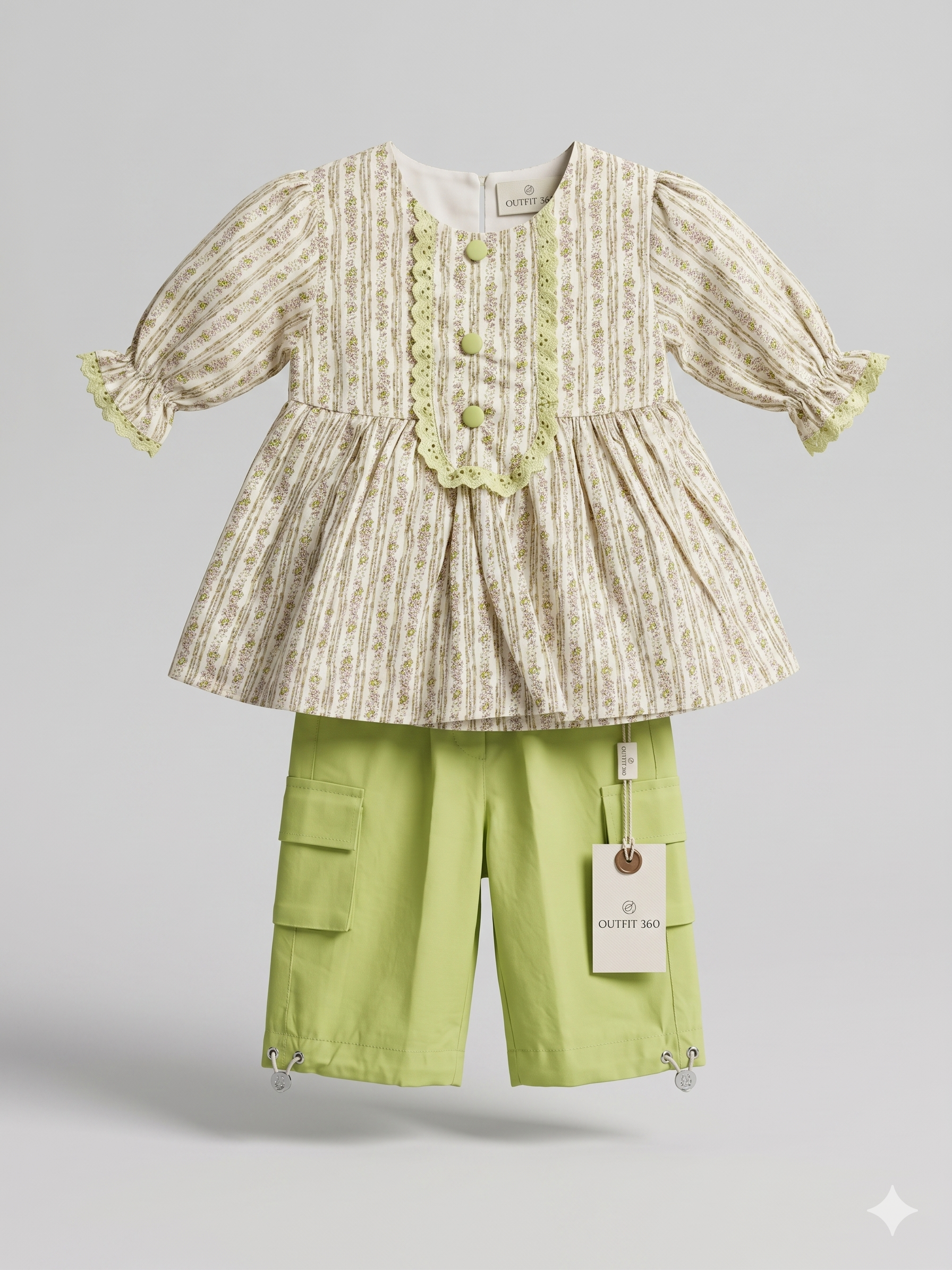 Girls Embroidered Peplum Top & Lime Green Pants Set – 2-Piece Outfit