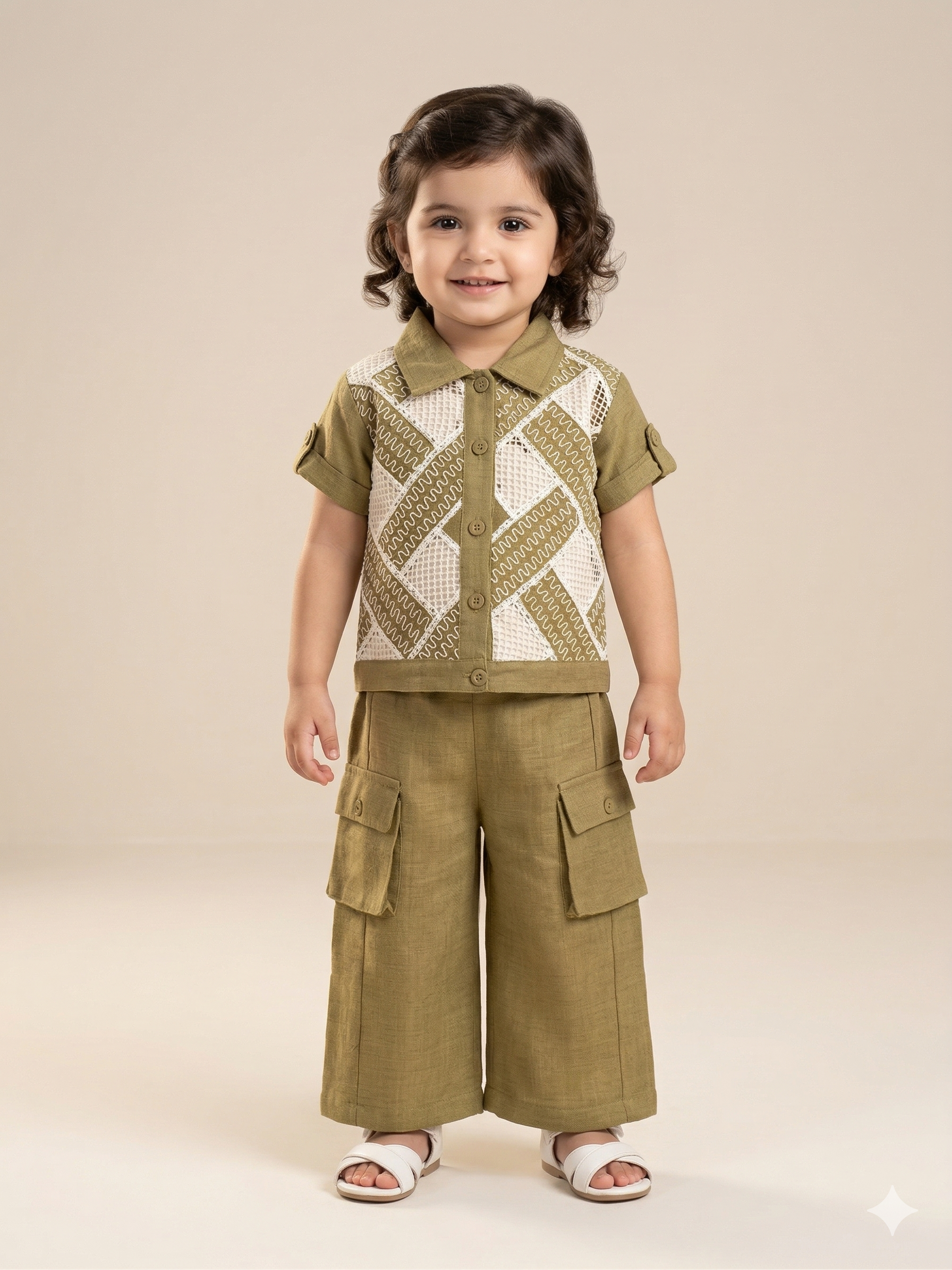 Girls Olive Printed Top & Culottes Set – Casual Cotton Outfit
