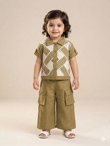 Girls Olive Printed Top & Culottes Set – Casual Cotton Outfit