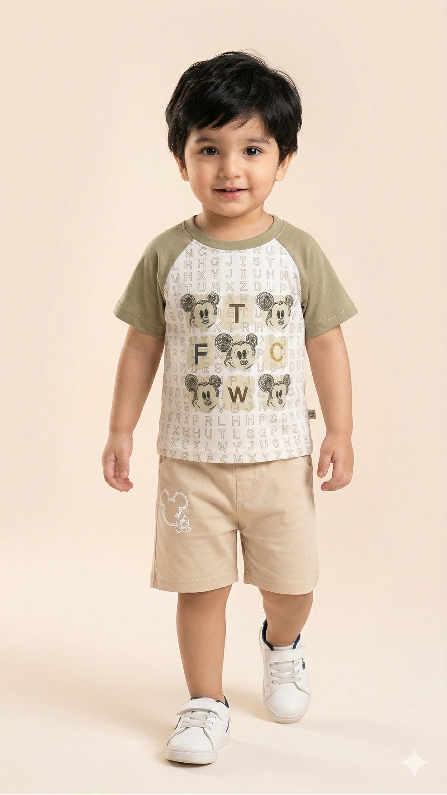 Boys Graphic T-Shirt & Shorts Set – Soft Cotton Summer Outfit (Olive & Beige)