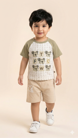 Boys Graphic T-Shirt & Shorts Set – Soft Cotton Summer Outfit (Olive & Beige)