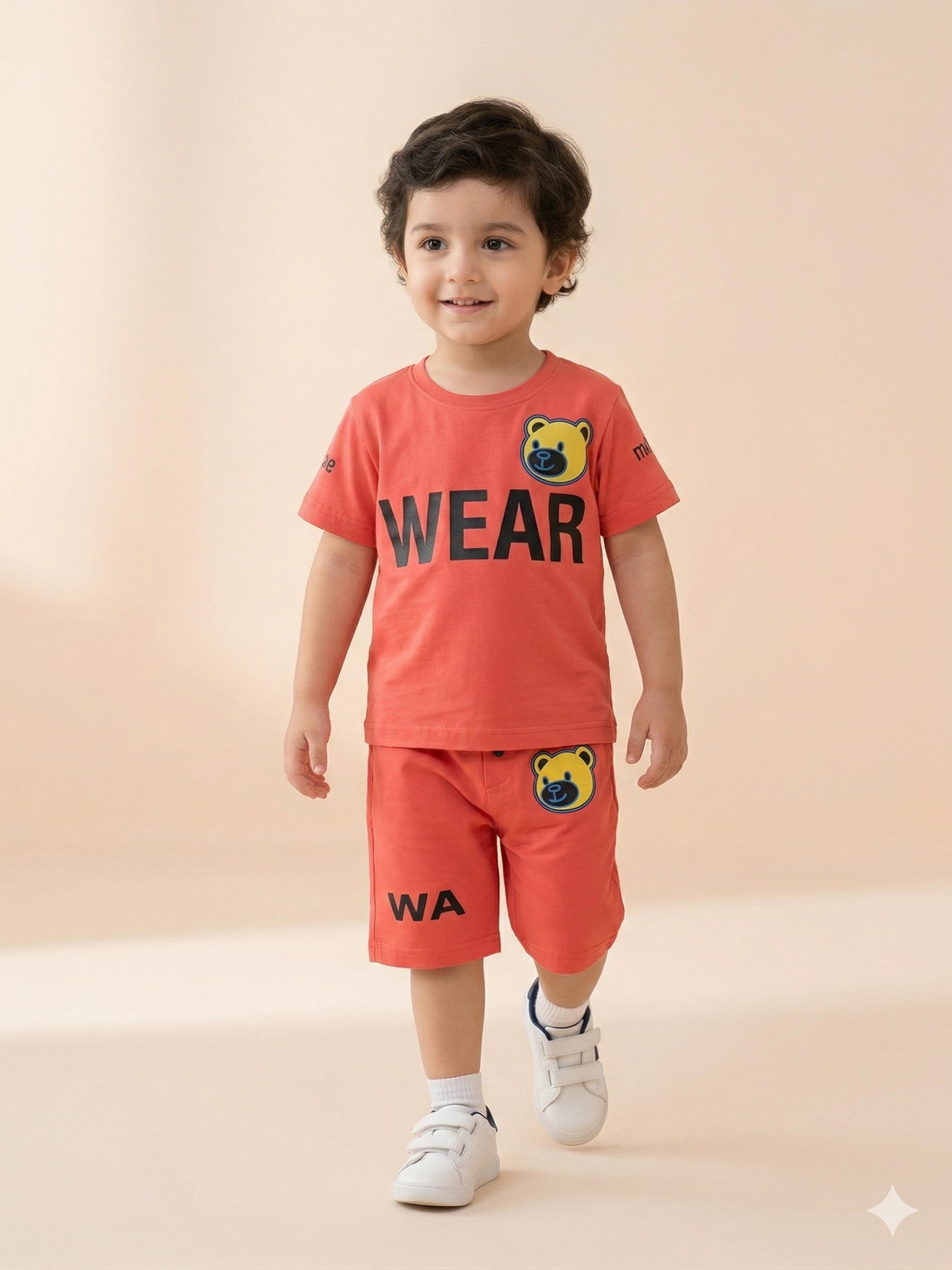 Boys Orange “Wear” Graphic T-Shirt & Shorts Set – Casual Cotton Summer Outfit