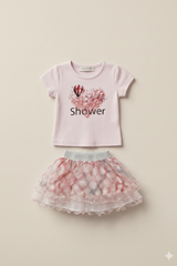 Girls Heart Print T-Shirt & Frill Skirt Set – Pink